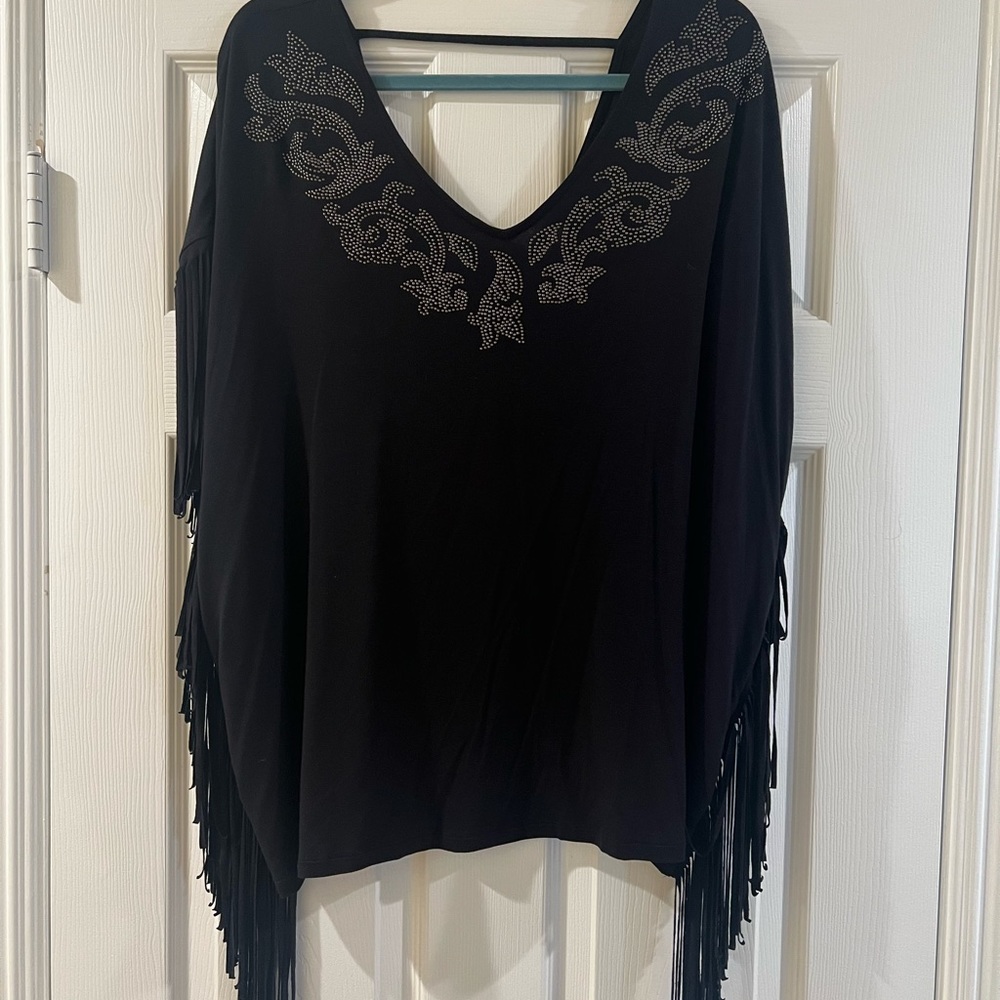 Black Fringe Top with Embellished Neckline